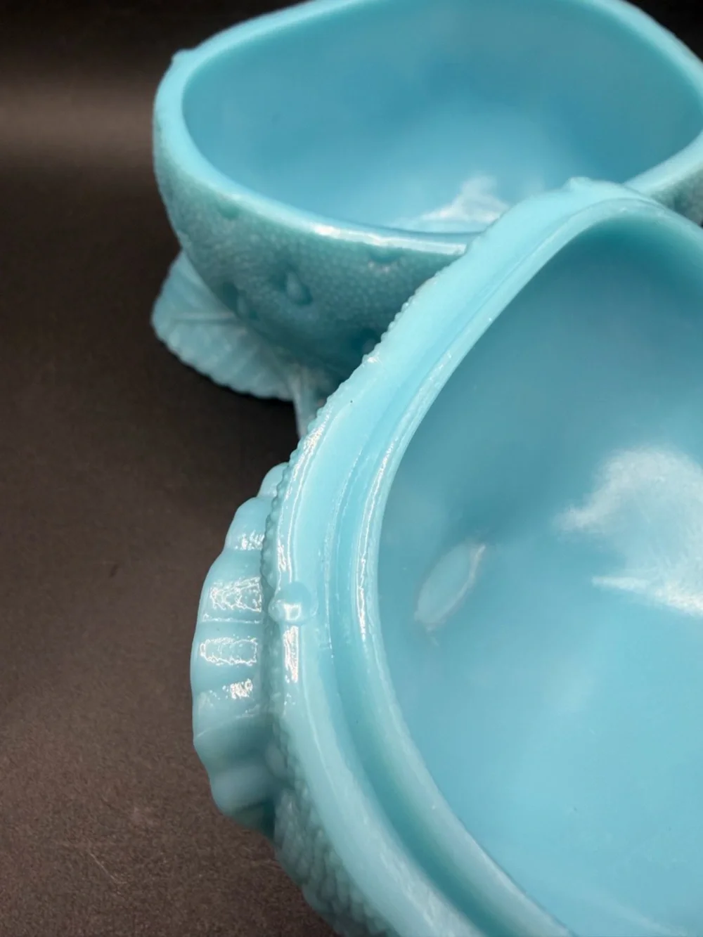 Portieux Blue Milk Glass Snail on Strawberry Lidded Dish Candy Bowl Trinket Box